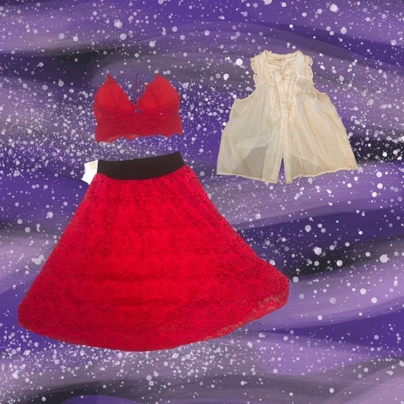 Boho Outfit
LuLa Rou Red Lace Skirt
Gilly Hicks Bralette 
White Blouse 
Sz Sm - Picture 6 of 14